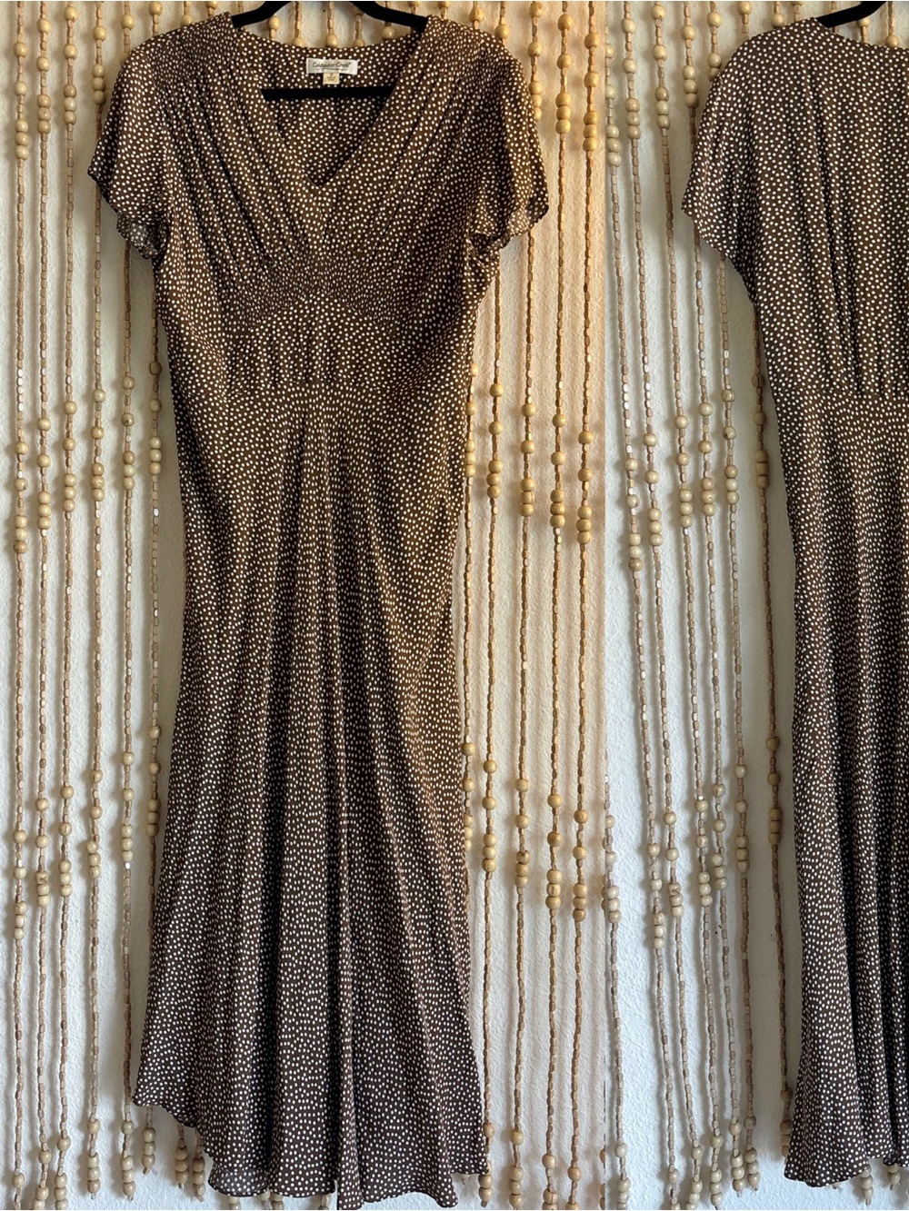 Vintage Brown White Polka Dot V-Neck Flutter Sleeve Maxi 90s Coquette Dress 10